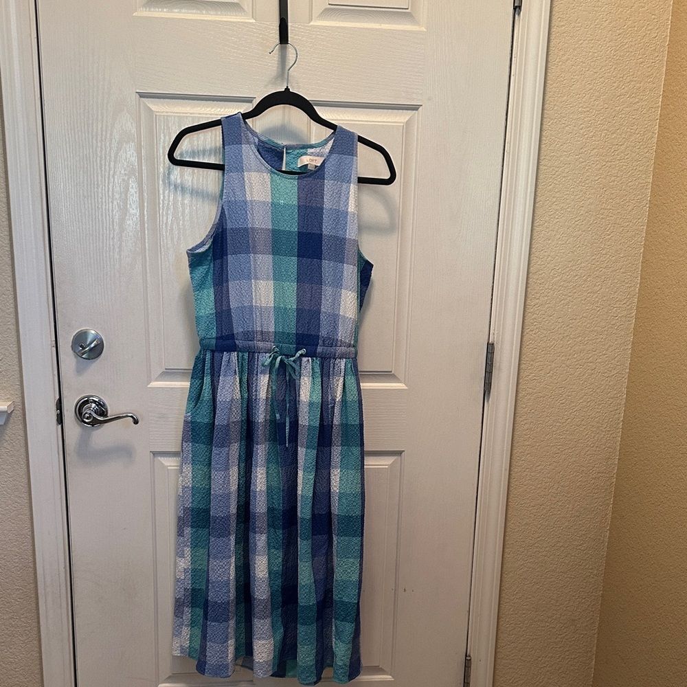 LOFT Blue and Green Plaid Sleeveless Dress